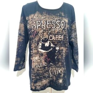Woman's ESPRESSO coffee Top T-shirt 100% Cotton Size Large All Over Print Bling